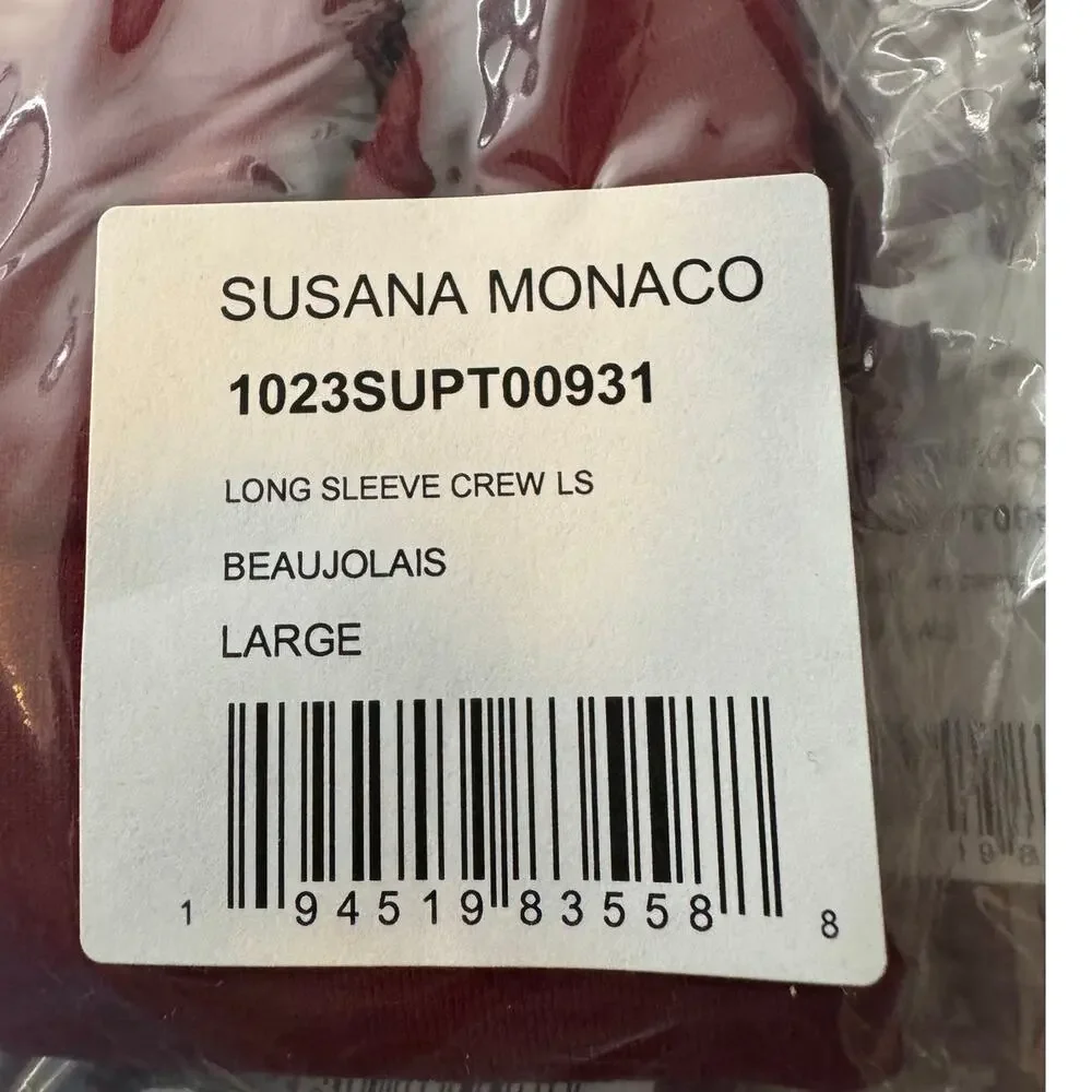 Susana Monaco Long Sleeve Crewneck Crop Top in Beaujolais NWT Size Large